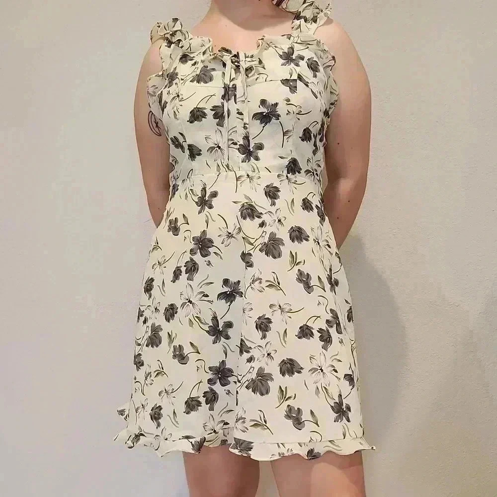 STORIA Baby Doll Mini Dress Cream Floral Size M